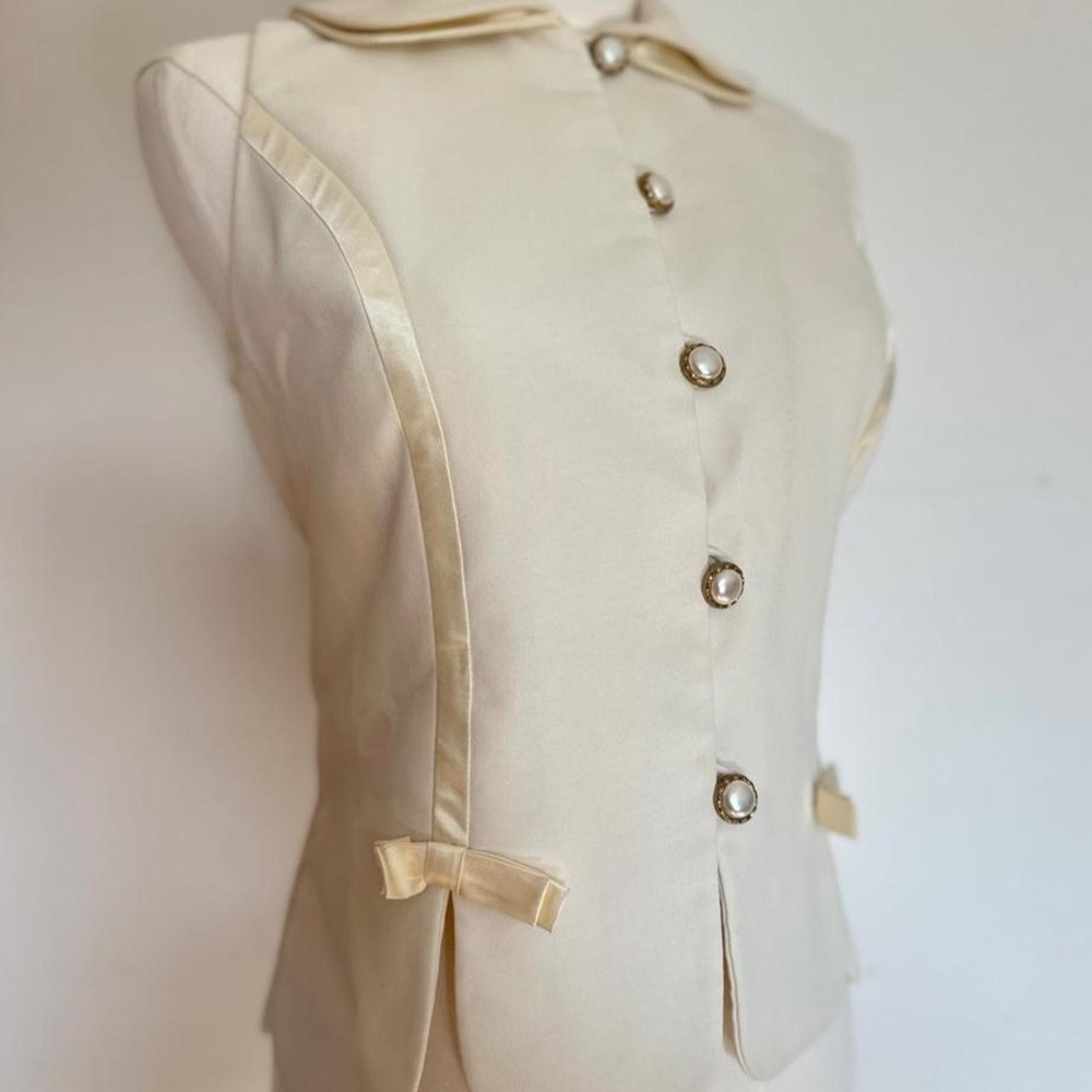 Vtg 90s Warren Petites Scalloped Vest Cream Pearl Button Bow Waistcoat Size 6 - Picture 4 of 9